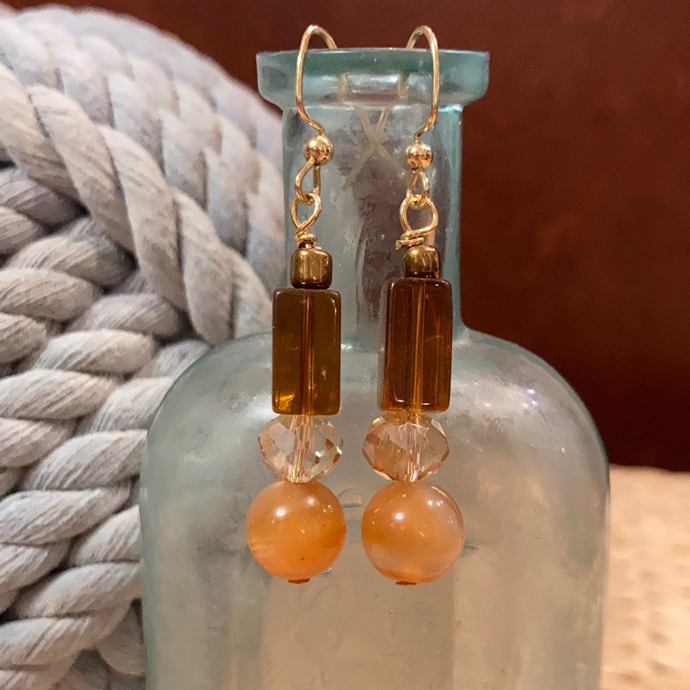Natural Carnelian, crystal, amber glass earrings